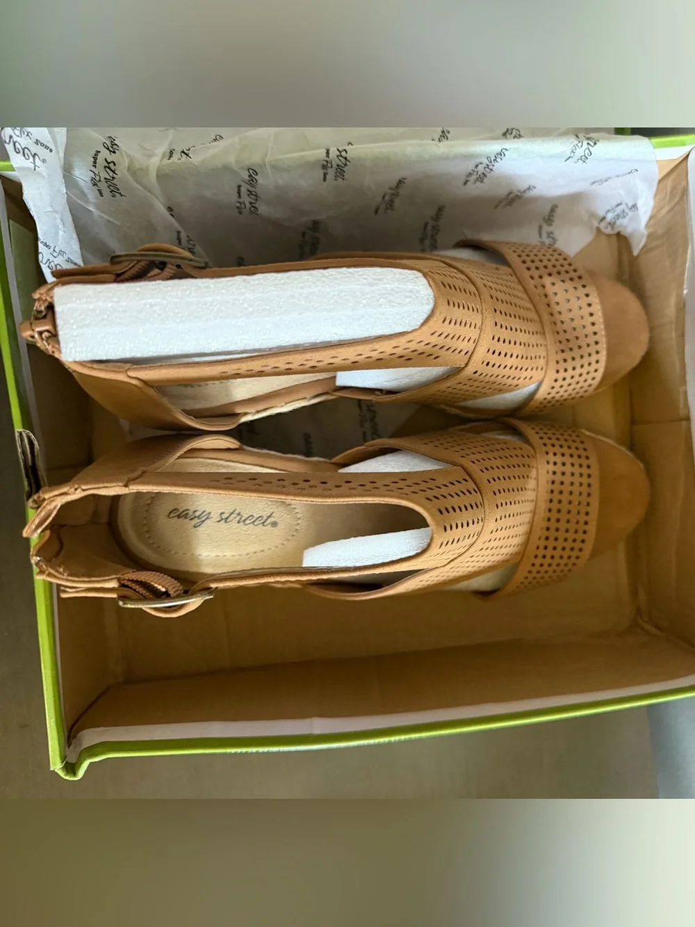Easy Street Tan Perforated Espadrille Wedge Sandals